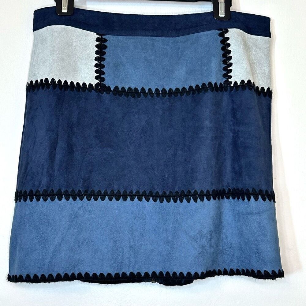 Sugar Lips Rick Rack Patchwork Zip-Up Faux Suede Mini Skirt Blue Black Large